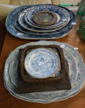 NINETEENTH CENTURY STAFFORDSHIRE POTTERY BLUE AND WHITE 'WILLOW PATTERN' MEAT PLATTER, A GRADUATED