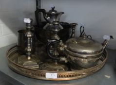 SELECTION OF ELECTROPLATE WARES TO INCLUDE; OVAL GALLERY TRAY, TEA SET OF 3 PIECES WITH FRUITING