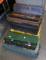 TWO METAL CANTILEVER TOOL BOXES AND CONTENTS, TWO LARGE SOCKET SETS, A METAL STORAGE BOX AND A