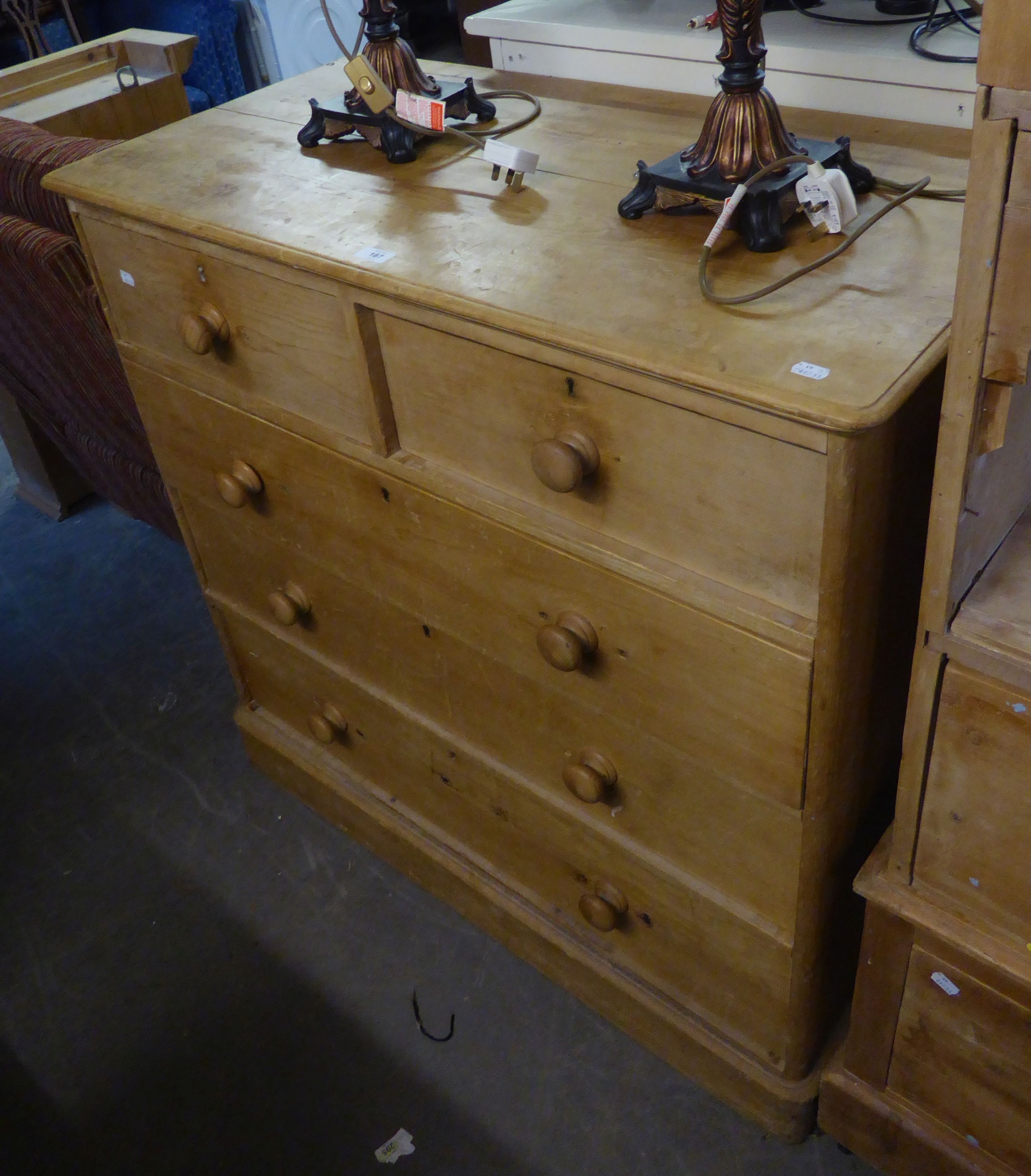 A LARGE VICTORIAN PINE CHEST OF TWO SHORT OVER THREE LONG DRAWERS