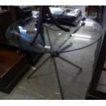 TWO STYLISH RETRO GLASS TOPPED COFFEE/OCCASIONAL TABLES, HAVING CHROME BASES, ONE SQUARE TOP AND