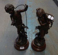 AFTER AUGUSTUS MOREAU PAIR OF BRONZED SPELTER ALLEGORICAL STATUES VIZ FISHERBOY AND GIRL WATER