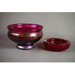 LOETZ STYLE GLASS HEAVY CIRCULAR AND BULBOUS BOWL, with plain cranberry interior and textured purple