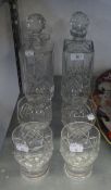 A PAIR OF CUT GLASS SQUARE SPIRIT DECANTERS AND STOPPERS AND A SET OF SIX CUT GLASS TUMBLERS (8)