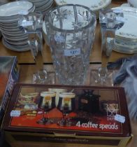 A PAIR OF GALWAY GLASS TABLE CANDLESTICKS, HEAVY CUT GLASS VASE AND A BOXED SET OF FOUR DEMA IRISH