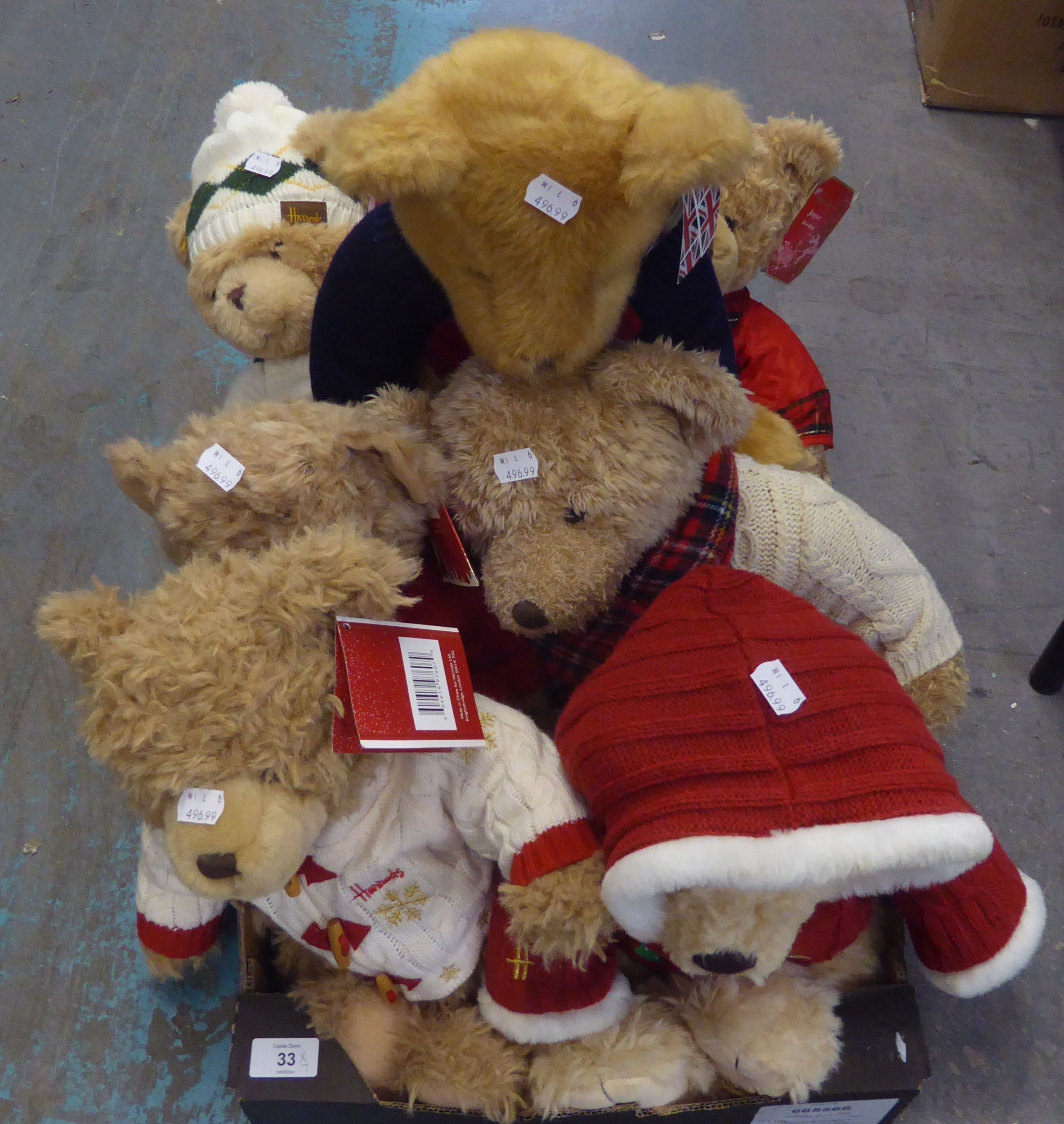 SEVEN HARRODS CHRISTMAS TEDDY BEARS, ARCHIE 2010, YOU 2016, ANGUS 2021 ETC... (7)