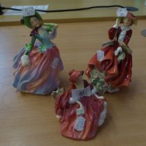 THREE ROYAL DOULTON FIGURES TO INCLUDE; AUTUMN BREEZES HN 191, TOP OF THE HILL, AND LYDIA HN 1908 (