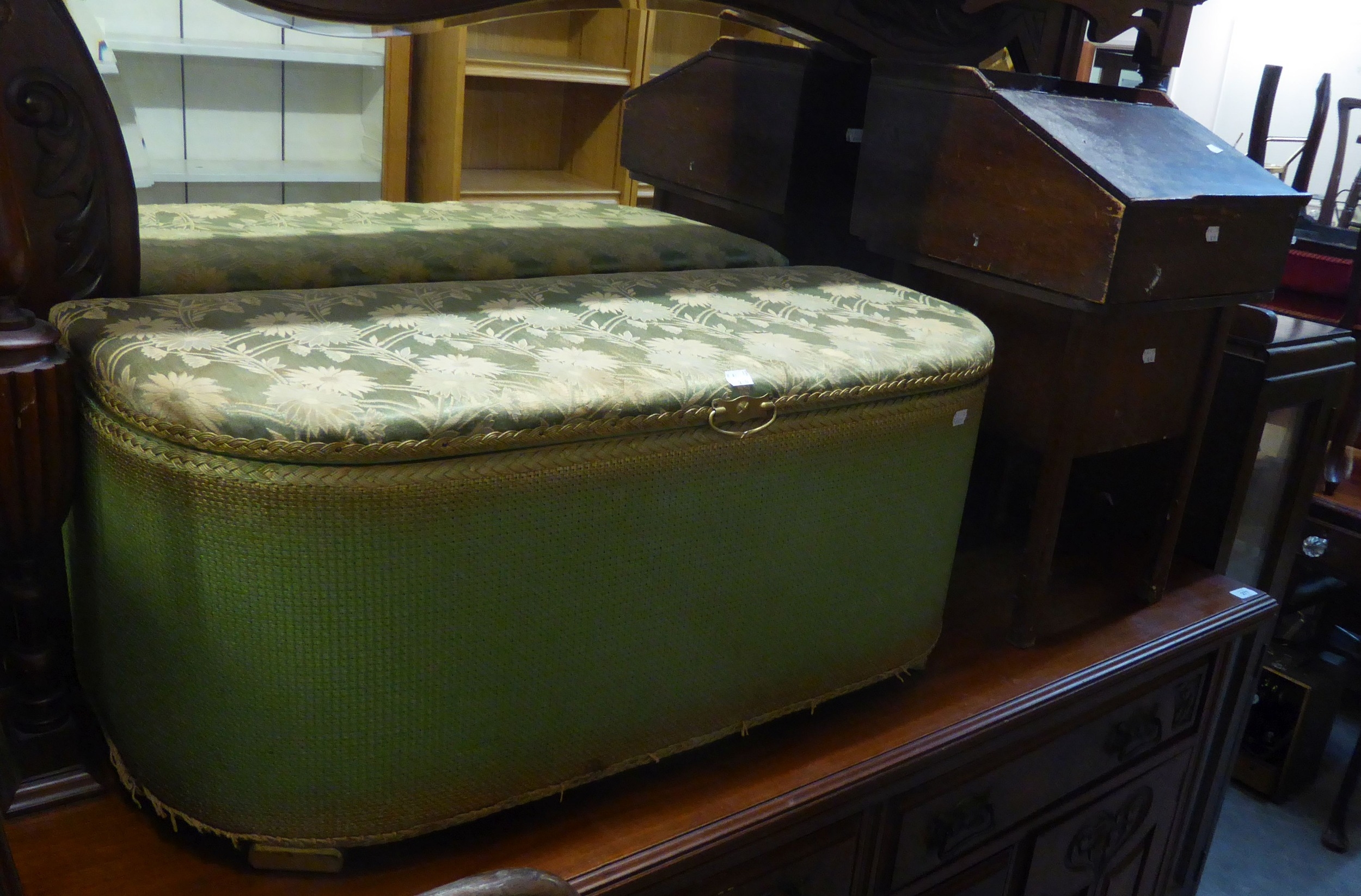 A GREEN LOOM OTTOMAN BOX; AN OAK BEDSIDE CUPBOARD AND A WOODEN SHOE RACK AND A METAL STORAGE BOX,