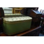 A GREEN LOOM OTTOMAN BOX; AN OAK BEDSIDE CUPBOARD AND A WOODEN SHOE RACK AND A METAL STORAGE BOX,