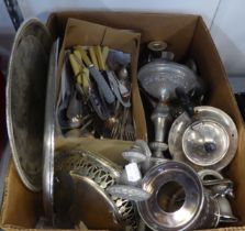 LARGE SELECTION OF MISC ELECTROPLATED WARES AND CUTLERY TO INCLUDE; 2 TEA POTS, MODERN FIVE LIGHT
