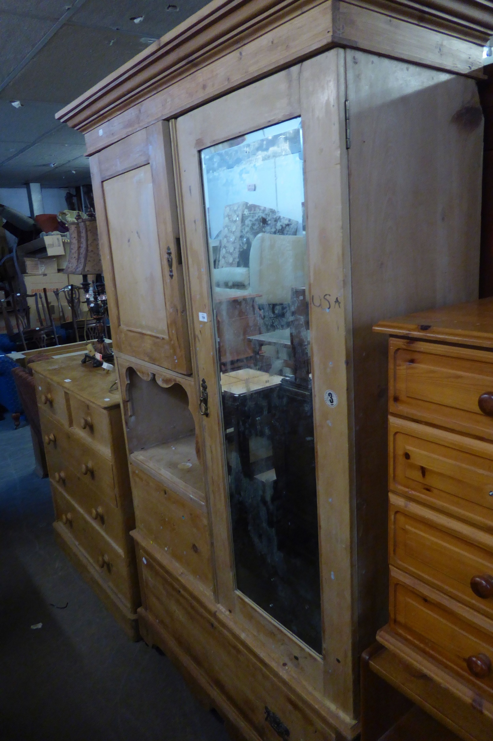 A VICTORIAN PINE DOUBLE WARDROBE, WITH SINGLE MIRROR DOOR (MIRROR A.F.) AND A SINGLE PANEL DOOR WITH