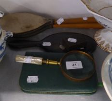 AN EBONY BACKED HAND MIRROR WITH SILVER INITIALS, CASED MANICURE SET, PAIR OF SYKES OF HORBURY BATS,