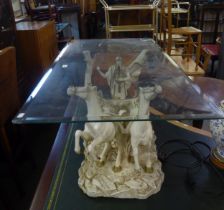 A COMPOSITE FIGURAL COFFEE TABLE FEATURING A GLADIATOR RIDING A CHARIOT, WHITE WITH GILT