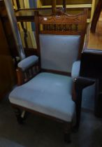 A LOW SEATED MAHOGANY OPEN ARMCHAIR, WITH GREY FABRIC SEAT, BACK AND ARMS, TOGETHER WITH A PAIR OF