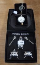 A FOB WATCH AND GUARD CHAIN AND A GRENADIER SILVERSMITH'S ELECTROPLATE CONDIMENT SET (BOXED)