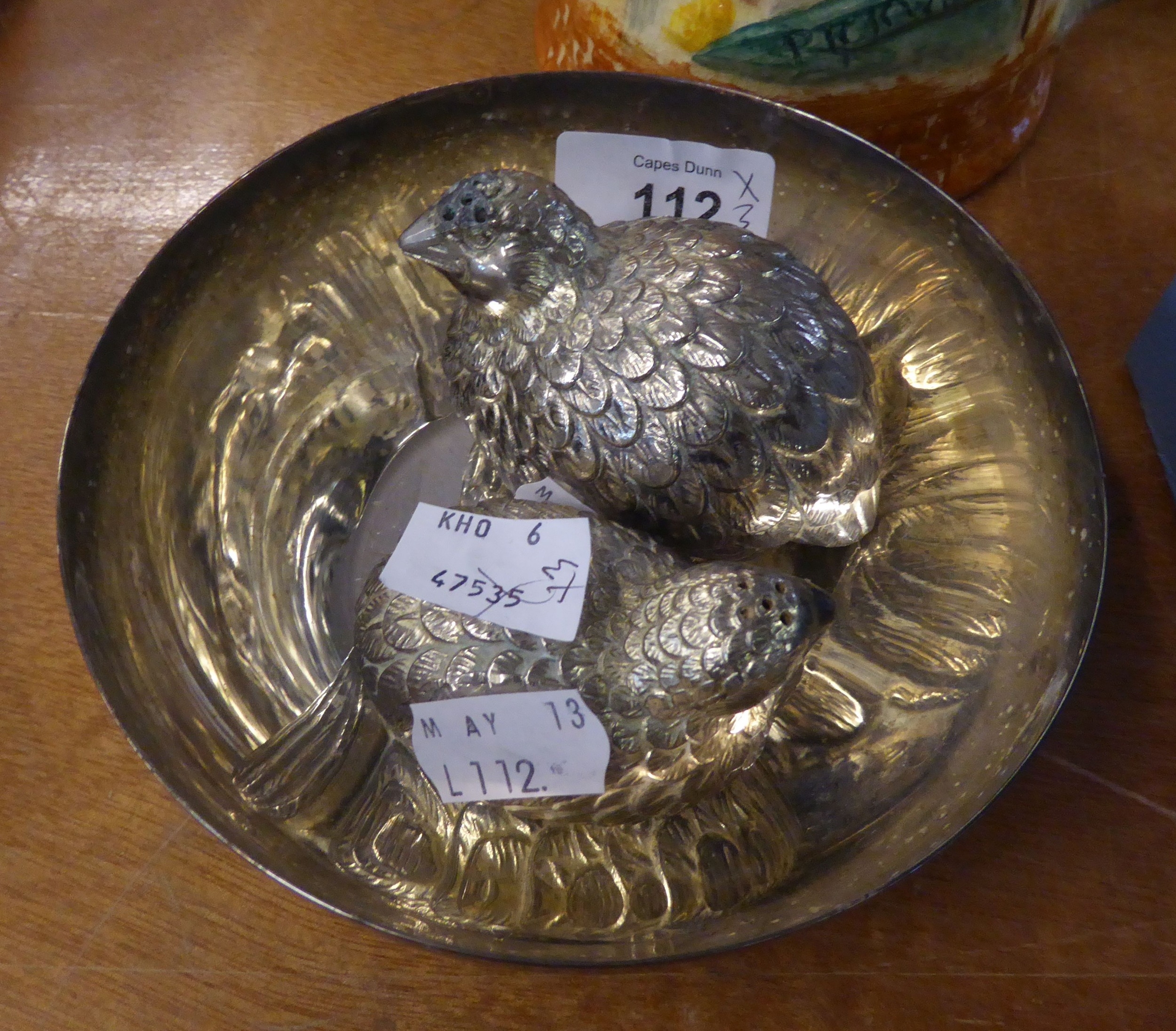 MODERN CHRISTOFLE (France) WHITE METAL SHALLOW BOWL, also TWO WHITE METAL QUAIL-FORM CONDIMENTS (3)