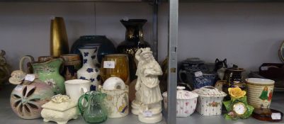 SELECTION OF CERAMICS AND GLASS TO INCLUDE; TWO BLACK, BLUE AND GILT TWO HANDLED GREEK VASES, TWO