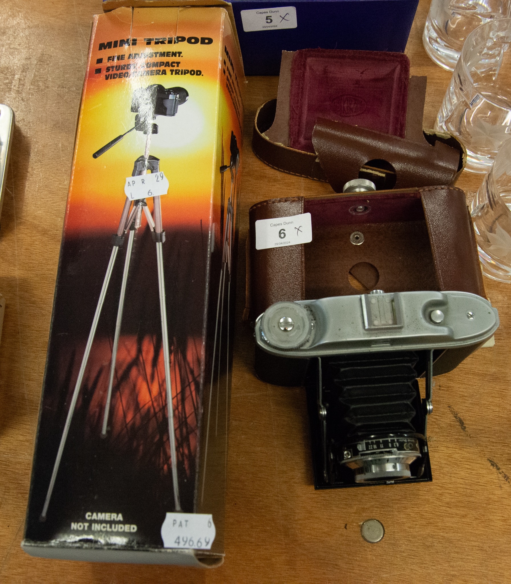 G.B. KERSHAW, FOLDING CAMERA IN CASE AND A MINI TRIPOD IN BOX