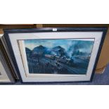 C P HARRIS ARTIST SIGNED COLOUR PRINT STEAM TRAIN LEAVING A STATION AND AN ARTIST SIGNED COLOUR