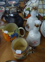 VINTAGE FINNISH 'ARABIA' BROWN GLAZED STONEWARE TEAPOT dated 9-68, also TWO BELL'S WHISKY ROYAL