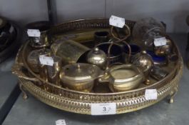 TWO ELECTROPLATE CIRCULAR GALLERY TRAYS, A SELECTION OF ELECTROPLATE INCLUDING CONDIMENTS,