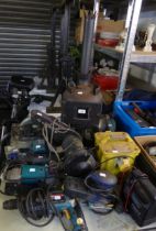 A HOME-MADE FUEL STOVE, A BENCH GRINDER AND SANDER, MAKITA CIRCULAR SAW, BOSCH ELECTRIC DRILL,