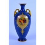 ROYAL WORCESTER FRUIT PAINTED POWDER BLUE PORCELAIN TWO HANDLED PEDESTAL VASE BY HARRY AYRTON, of