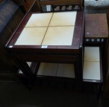 TEAK FRAMED TILE TOP COFFEE TABLE AND A MATCHING NEST OF THREE OCCASIONAL TABLES (2)