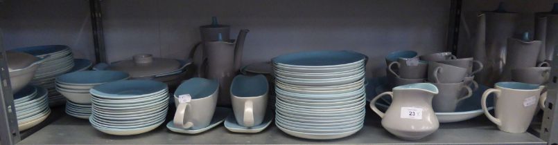 AN EXTENSIVE DINNER AND TEA SERVICE OF POOLE 'TWINTONE', PALE BLUE AND GREY POTTERY TO INCLUDE;