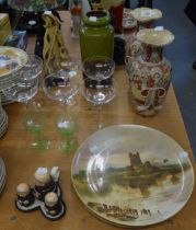 TWO ANTIQUE POTTERY CHARGERS, KILLARNEY SCENES, SET OF SIX STYLISH CHAMPAGNE GLASSES, PAIR OF