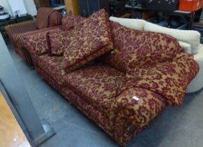 A MODERN BROCADE ROLL-ARM THREE PIECE SUITE, VIZ SETTEE AND TWO ARMCHAIRS