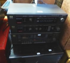 SANYO STACKING STEREO SYSTEM IN GLAZED STEREO CABINET AND A PAIR OF SPEAKERS AND AKAI CD PLAYER (2)