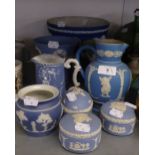 WEDGWOOD DARK BLUE AND WHITE JASPERWARE LIGHT BLUE AND WHITE EGG SHAPED BOX AND COVER, TWO OTHERS OF