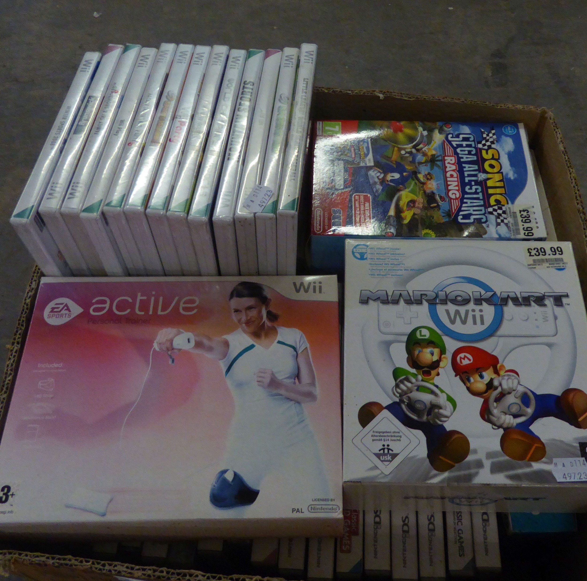 A GOOD SELECTION OF NINTENDO Wii GAMES TO INCLUDE; MARIOKART WITH STEERING WHEEL, Wii ACTIVE