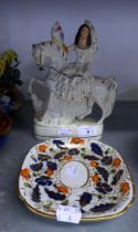 NINETEENTH CENTURY STAFFORDSHIRE FLAT BACK POTTERY EQUESTRIAN GROUP, LADY WITH HAWK AND A DERBY