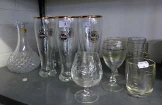 SET OF SIX GERMAN GLASSES FOR WARSTEINER BEER, TWO IRISH COFFEE GLASSES, 4 M & S DRAGON FLY EMBOSSED