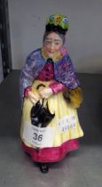 A CROWN DERBY CHINA FIGURE OF SAIRY GAMP, WITH BLACK FOLDED UMBRELLA
