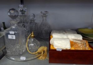 FOUR CUT GLASS DECANTERS, SIX EDINBURGH CRYSTAL TUMBLERS (BOXED), CUT GLASS PERFUME ATOMISER AND