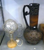 ALDERMASTON POTTERY STYLE VASE (A.F.), CUT GLASS LAMP VASE AND TWO CUT GLASS VASES (4)