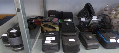 A SELECTION OF CAMERAS TO INCLUDE; OLYMPUS OM2, OLYMPUS OM-SYSTEM ZUIKO LENS, LENS COVERS AND