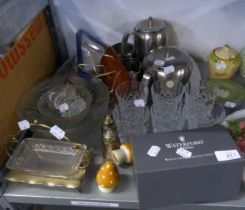 A BOXED SET OF TWO WATERFORD CRYSTAL CANDLESTICKS, TOGETHER WITH SIX CRISTAL D'ARQUES WHISKEY