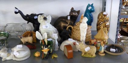 A SELECTION OF ANIMAL ORNAMENTS, TO INCLUDE; CATS, ELEPHANT, RESIN SHEEP, RUSSIAN STYLE NESTING