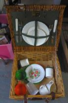 A WHITE MELAMINE SMALL BEDSIDE PEDESTAL AND AN 'OPTIMA' WICKER PICNIC HAMPER WITH CONTENTS FOR TWO