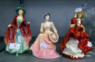 TWO ROYAL DOULTON CRINOLINE FIGURES 'TOP O'THE HILL', HN 1834, 'MARGARET' HN 1946 AND A COALPORT