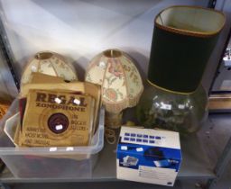 THREE TABLE LAMPS, TWO OF CERAMIC OVAL FORM WITH FLORAL SHADES, TOGETHER WITH A CARBOY CONVERTED