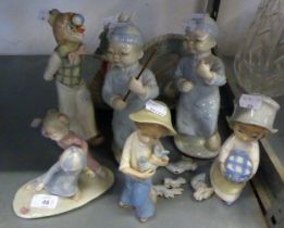 GROUP OF LLADRO STYLE GROUPS VIZ PAIR OF ORIENTAL BOYS, DRAGON, CLOWN, GIRL CARRYING A BASKET, AND