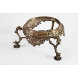 GEORGE III EMBOSSED AND PIERCED SILVER CHAFING DISH OR SPIRIT KETTLE STAND, decorated with
