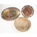 THREE ELECTROPLATED TRAYS, one, oval galleried with chased centre, 18” x 12” (45.7cm x 30.5cm),