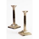 PAIR OF EDWARDIAN ELECTRO-PLATED CORINTHIAN COLUMN CANDLESTICKS WITH REMOVABLE SCONCES (2)