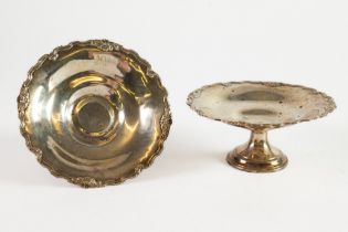 GEORGE V SILVER PAIR OF PEDESTAL SWEET MEAT DISHES BY WALKER & HALL, each with shell capped scroll